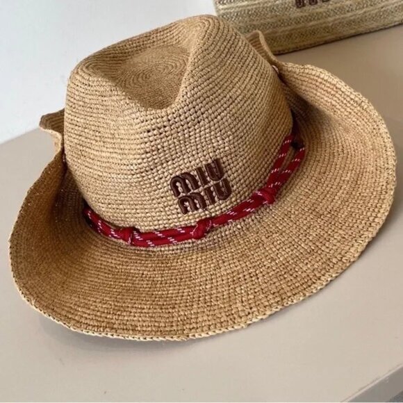 🍒🍒Miu Miu Logo Red Rope Straw Hat – Bohemian Summer Chic - Picture 2 of 5